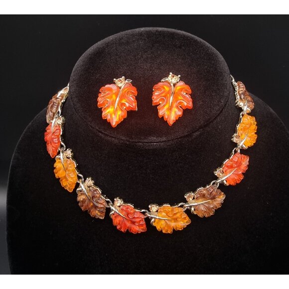 Vintage Lisner 1950s Autumn Leaf Necklace & Earrings Set - Picture 2 of 5